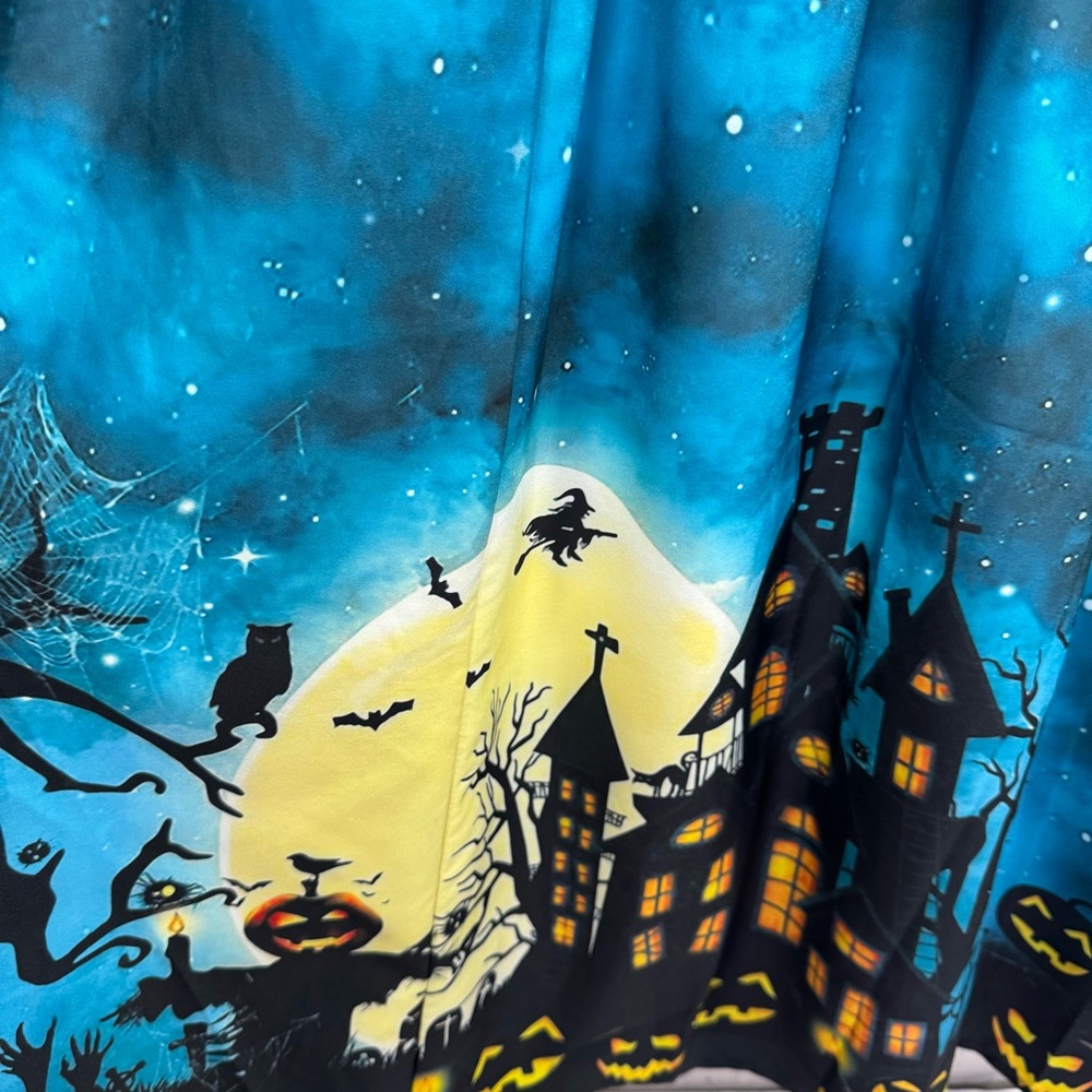 Halloween Haunted House Pumpkin Witch Print Lace Midi Dress Gothic Spooky Size L - Picture 14 of 16
